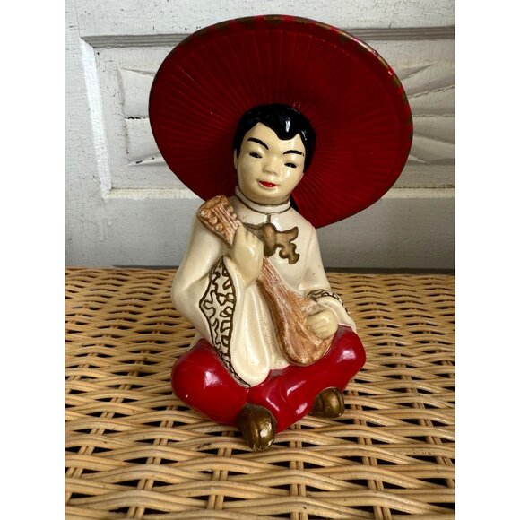 unbranded Other - Vintage 50's Asian Chalkware Boy Figurine Red Hat Playing Music
